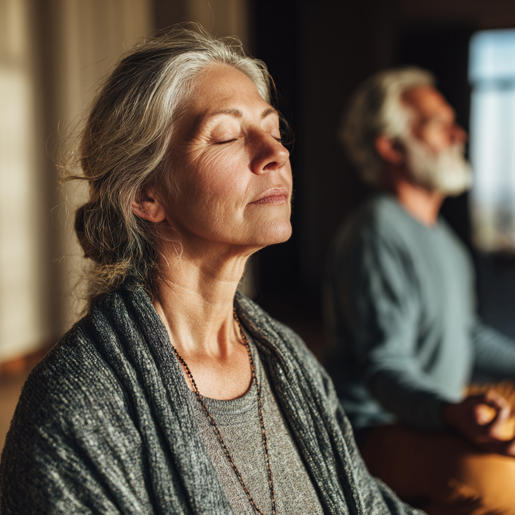 Meditation and mindfulness practice with mature adults in peaceful environment