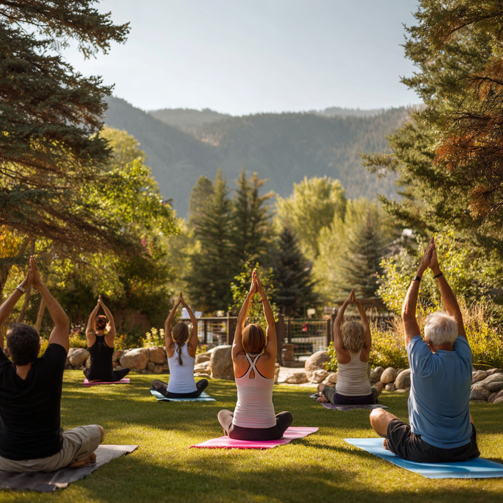 Peaceful yoga practice with experienced adults in serene natural setting